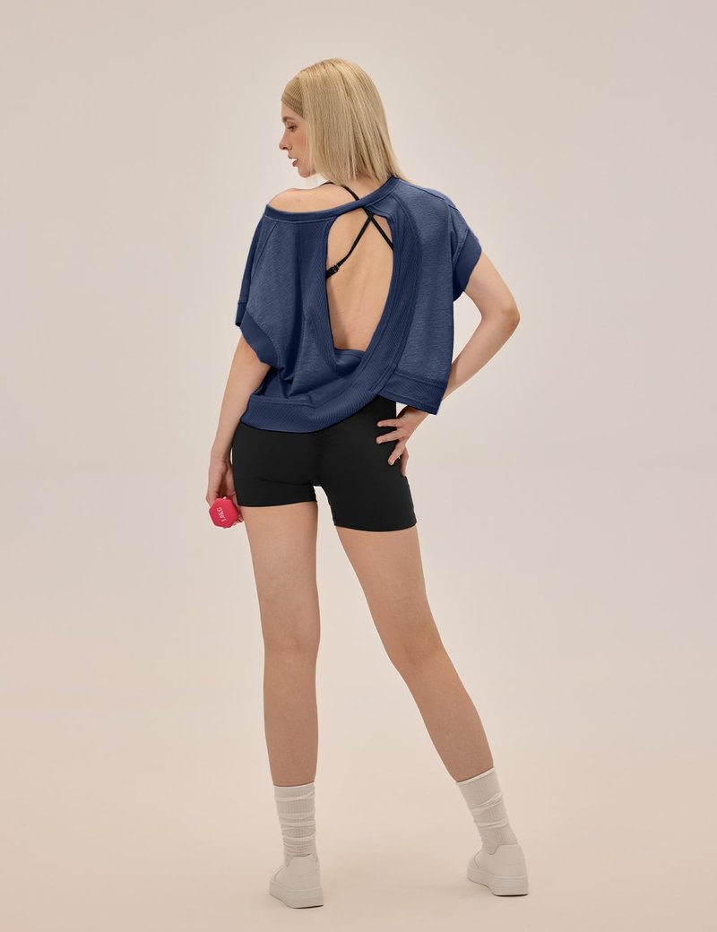 UNIANKIYA Open Back Workout Tops for Women Loose Fit Athletic Crop Tee Short Sleeve Gym Running Yoga Shirt Dark Blue