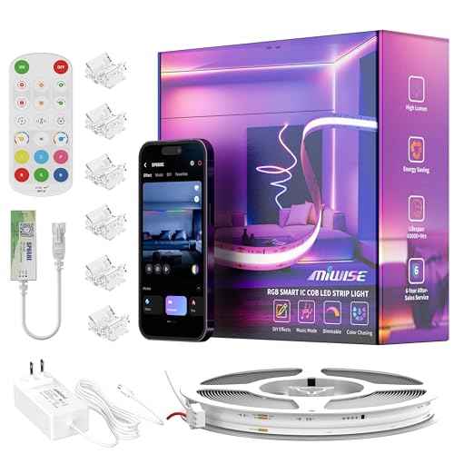 MIWISE COB LED Strip Light,RGB Smart IC COB LED Strip Lights Music Sync Bluetooth with APP Control,Addressable Color Chasing DIY 16M Colors,LED Tape Lighting for Bedroom Home Party Decor,24ft