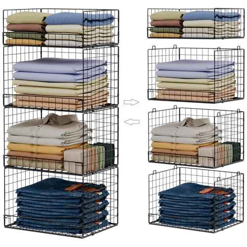 4 Tier Stackable Closet Organizers and Storage Shelves, Foldable Closet Shelf Organizer System, Stackable Storage Bins Drawers for Clothes Organizer System, Black(Patent Pending)