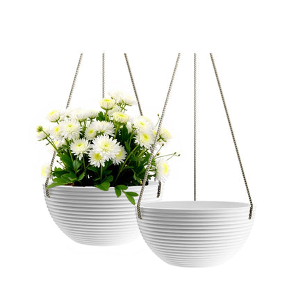 Asnext Line Pattern 10 Inch Hanging Planter for Indoor Outdoor Plants, 2 Pack Round Hanging Pots for Plants (White)