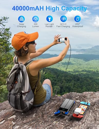 Solar Charger Power Bank, 40000mAh Portable Charger PD 20W Fast Charging Solar Power Bank Built in 4 Cables and USB-C in/Output, Camping Essentials External Battery Pack with Flashlights