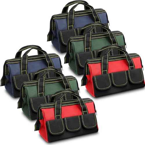 Silkfly 6 Pcs Tool Bag for Men Women Heavy Duty Tool Tote with Waterproof Hard Bottom Multi Pockets Large Mouth Organizer for Various Worker Electrician Carpenter Mechanic(13 Inch,Blue Green Red)