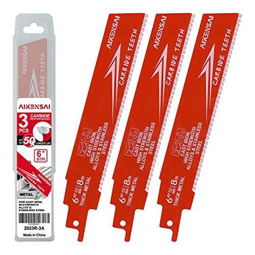 3-Pack 6 Inch 8TPI Carbide Sawzall Blades for Thick Metal Carbide Reciprocating Saw Blades for Cast Iron and Alloy Steel Compatible with Milwaukee Makita Dewalt Ryobi etc
