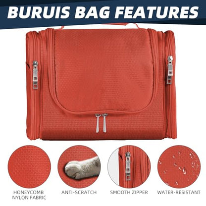 Buruis Large Capacity Toiletry Bag for Women and Men, Hanging Toiletry Organizer Cosmetics Makeup Bag, Water-resistant Dopp Kit Shaving Bags for Full Sized Toiletries, Travel Essentials (Orange)