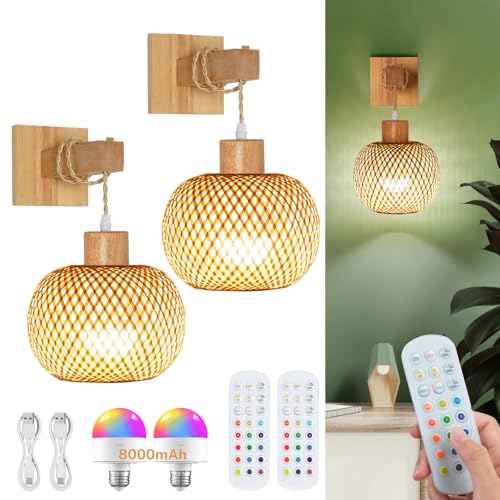Battery Operated Wall Sconce with Remote Set of 2, Rechargeable Rattan Wall Sconces with 8000mAh Bulbs, Woven Bamboo Wall Light/Lamp Boho Wall Sconce for Bedroom