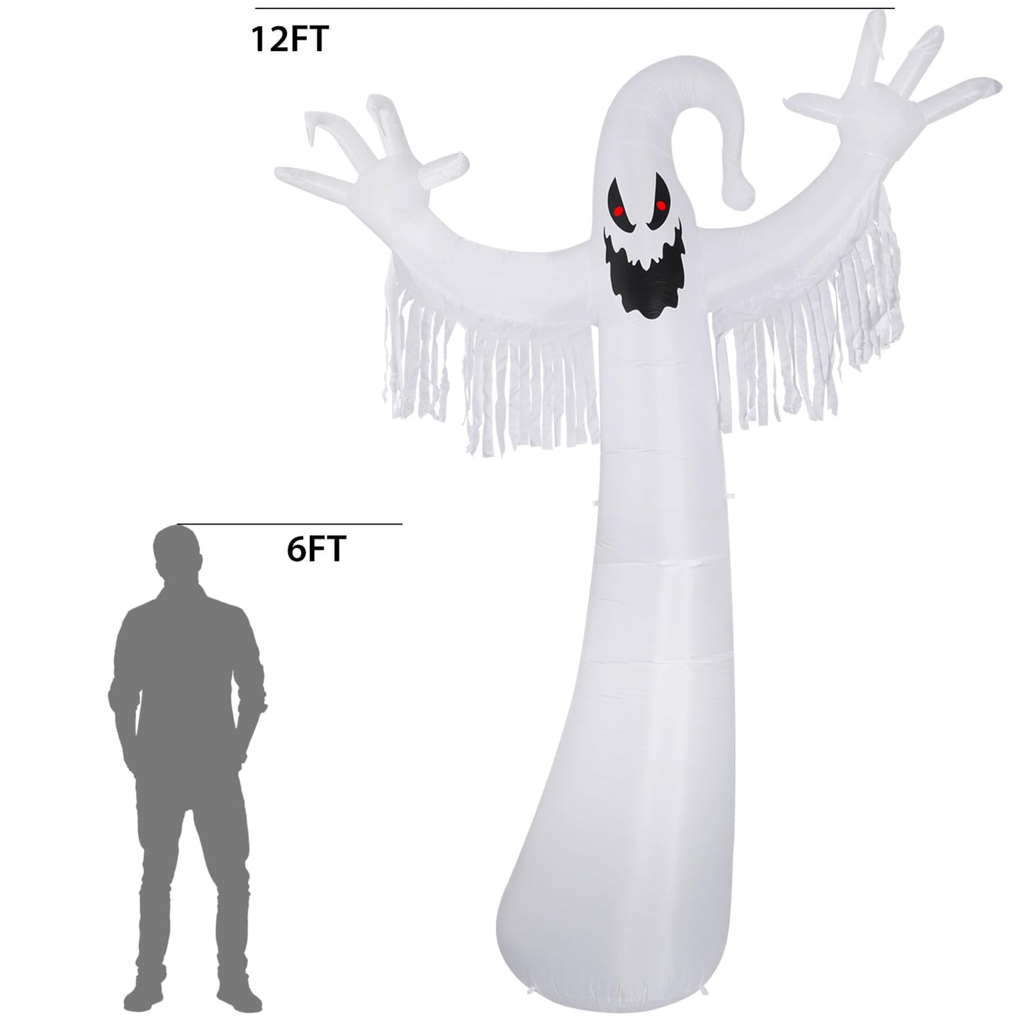 Sizonjoy 12 FT Halloween Decoration Inflatable Ghost, Blow Up Animated Red Eyes Ghost with Build-in LEDs, Outdoor Scary Inflatable Decoration for Front Yard, Porch