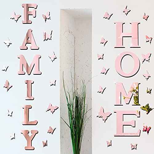 Outus 3D Family Home Sign Letters Living Room Decor Family Rustic Farmhouse Wall Decor Acrylic Mirror Decorative Butterfly Mirror Wall Sticker Decals for Living Room Bedroom Kitchen (Rose Gold)