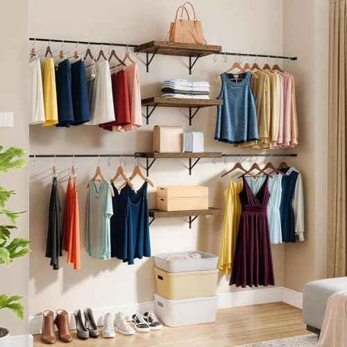 YITAHOME Wall-Mounted Closet System with Expandable Rod and Thickened Shelves ? Adjustable Clothing Rack for Bedroom, Laundry Room and Cloakroom, Suitable for 2-8 Feets Space