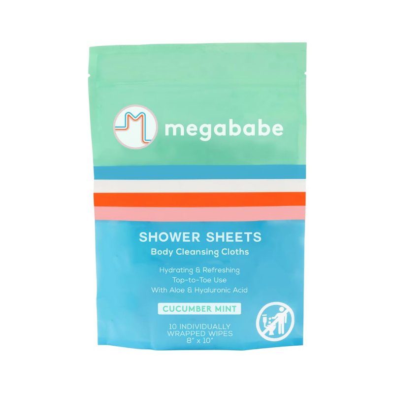 Megababe Cucumber Mint Shower Sheets | Summer and Hot Weather Essential | Individually Wrapped Body Cleansing Cloths | 10 Wipes (Pack of 1)