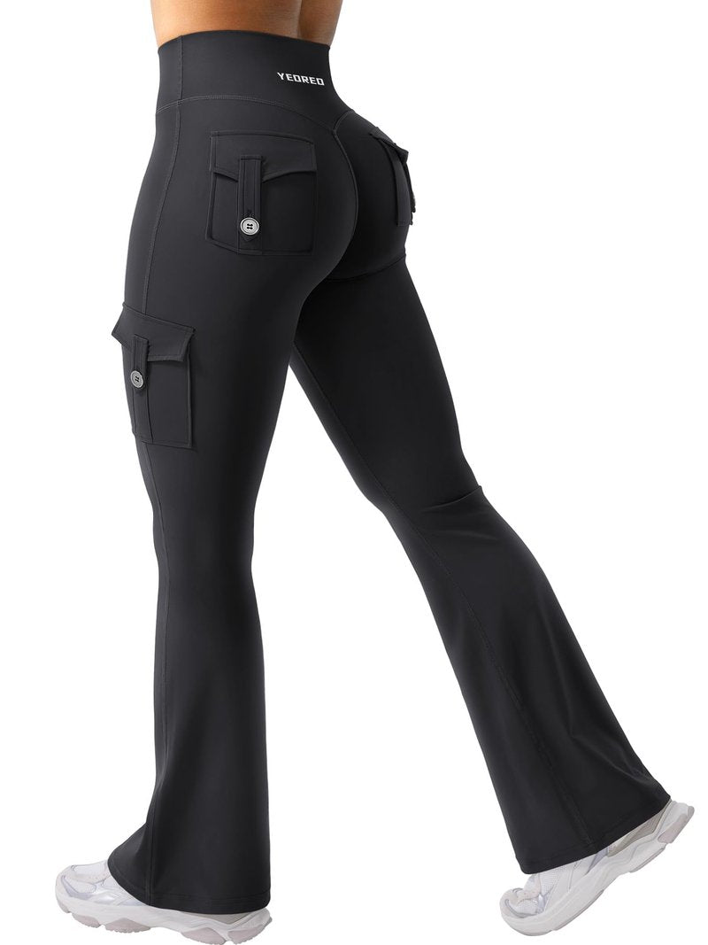 YEOREO CoreFlex Women Workout Flare Leggings with Pockets Hidden Scrunch High Waisted Cargo Gym Yoga No Front Seam Leggings Black L