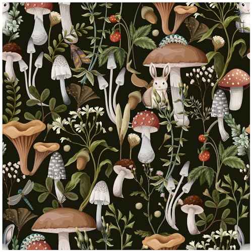 Mushroom Wallpaper Peel and Stick Wallpaper Black 17.7" x 78.8" Self Adhesive Removable Wall Paper Leaf Forest Mushroom Contact Paper for Countertops Decor