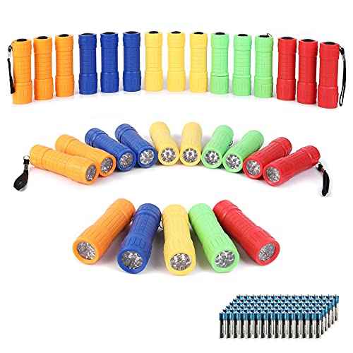 30-Pack Small Mini Flashlight Set, 5 Colors, 9-LED Handheld Flashlight with Lanyard,90-Pack AAA Battery Included for Kids/Night Reading/Party/Camping/Emergency/Hunting(30 Pack)