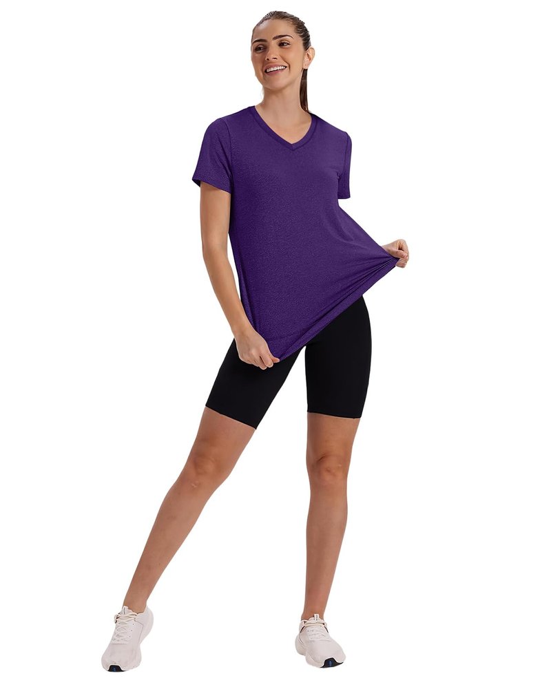 Workout Tops for Women Spring Summer Short Sleeve Golf Outfits Gym Essentials Activewear Running Shirts V Neck Purple S
