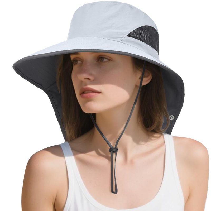 Womens Sun Hat Wide Brim UPF50+ Outdoor Sun Protection Ladies Fishing Hat with Neck Flap Detachable Face Cover (US, Alpha, One Size, Light Grey)