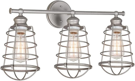 Design House 519728 Ajax Industrial Modern 3-Light Indoor Bathroom Vanity Light with Metal Wire Cage Over the Mirror, Galvanized Steel