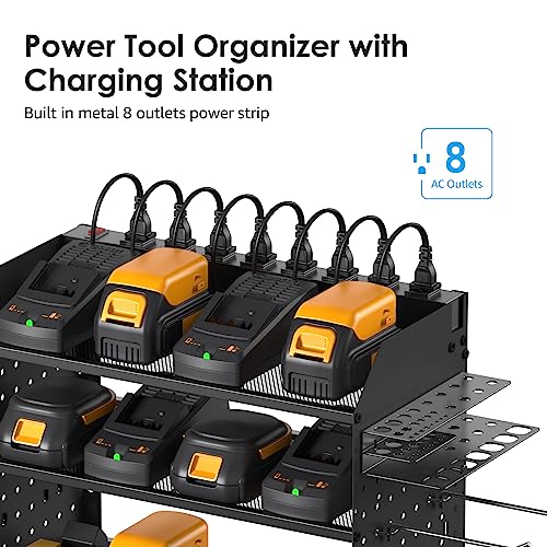 CCCEI Modular Pegboard Rack Power Tool Organizer with Charging Station. 4 Layer Wall Mount Drill Holder, Mechanic Tool Battery Charger Organizer. Garage Shop Storage Utility Shelf with Power Strip.
