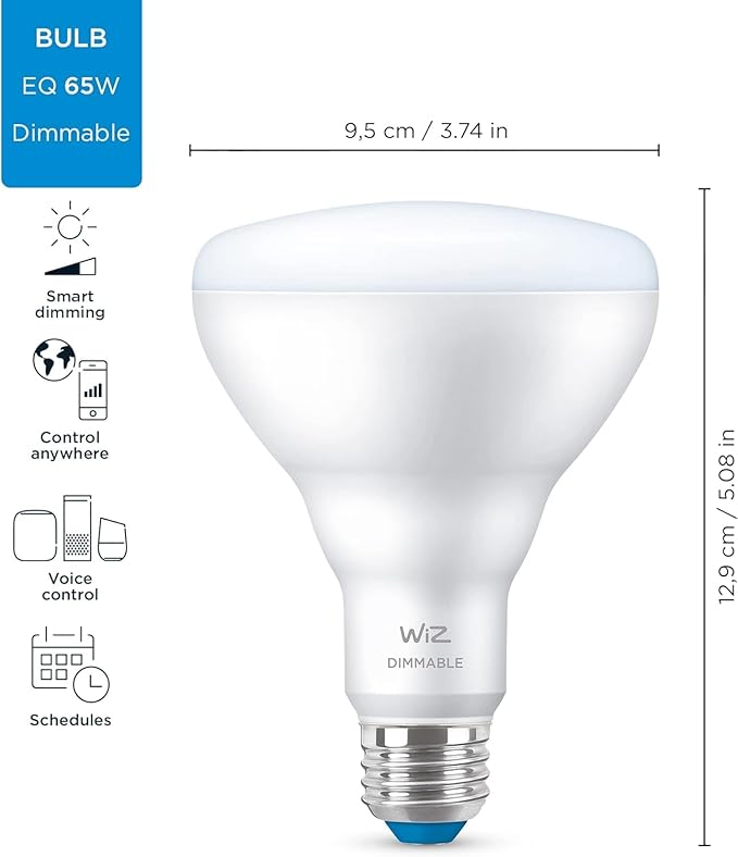 WiZ 65W Eq.(7.2W) BR30 Daylight (5000K) LED Smart Bulb - Pack of 2 - 650 Lumen- E26 - Indoor - Connects to Your Existing Wi-Fi - Control with Voice or App - Activate with Motion - Matter Compatible