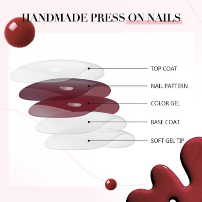 GLAMERMAID Cherry Red Press on Nails Medium Almond, Handmade Jelly Soft Gel Dark Red Glue on Nails Stiletto, Burgundy Emo Fake Nails Short Oval, Reusable Acrylic Stick on False Nails Kit for Women