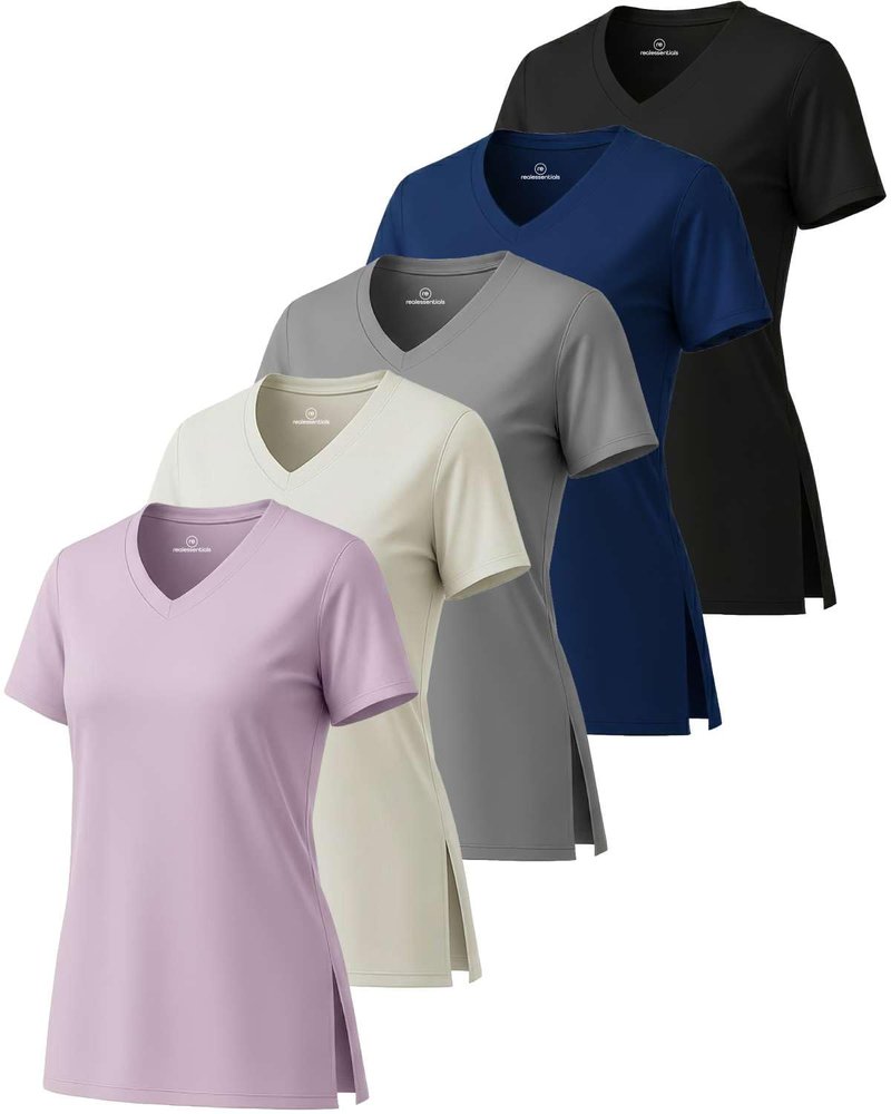 Real Essentials 5 Pack: Women's Short Sleeve Split Hem V-Neck T-Shirts, Athletic Tops, Gym, Workout, Yoga, Activewear- Set 1,XL