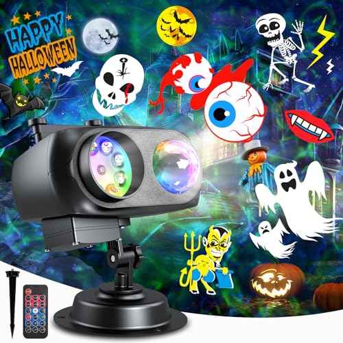 Halloween Christmas Projector Lights Outdoor with 20 Slides/160 Patterns/10 Ocean Wave Effects, Holiday Projection Lights Indoor with Remote & Timer, Waterproof Christmas Light Projector Decorations