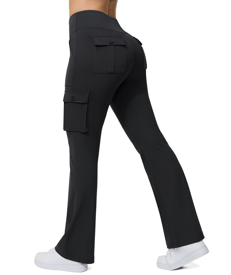 Yoga Flare Leggings for Women High Waisted Yoga Casual Pants Workout Leggings Cargo with 6 Pockets Bootcut Pants,Black XL