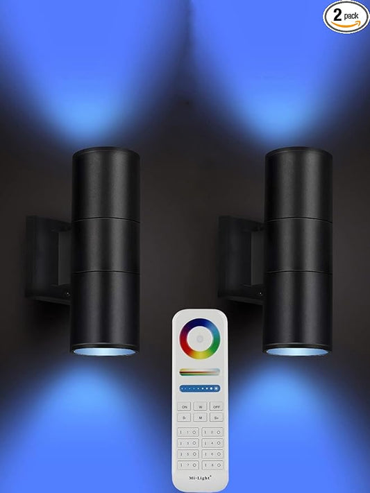 Exterior Double Up Down Outdoor Wall Lights, Mi.Light Remote Control RGB Color Changing 1200lm Warm White 3000k RGB+CCT Cylinder Outdoor Wall Light, Smart LED Exterior Lighting (2 Pack)