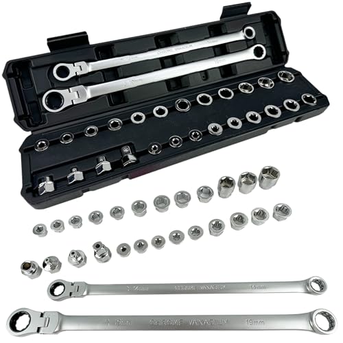 TR TOOLROCK 27PCS Extra Long Flex Head Ratcheting Wrench Set, Metric Double Box End Ratchet Wrench Set with Replacement Heads, 72-Tooth, E-type 8-22mm, 1/4", 3/8", 1/2" Socket Adapters