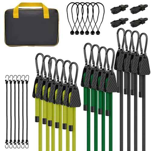 Bungee Cords with Hooks, Upgrade 30pcs Assortment Heavy Duty Outdoor with 24'' 32'' 48'' Adjustable Bungee Cords, 10'' J Hooks Cord, 6" Canopy Tarp Ball Ties and Tarp Clips Drawstring Organizer Bag