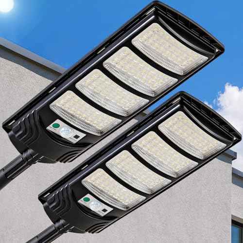 Solar Street Lights Outdoor Waterproof, LED Dusk to Dawn Solar Light, Flood Lights with Motion Sensor and Remote Control, for Exterior Wall, Patio, Yard, Deck, Garden,Parking Lot Lights(2-Pack)