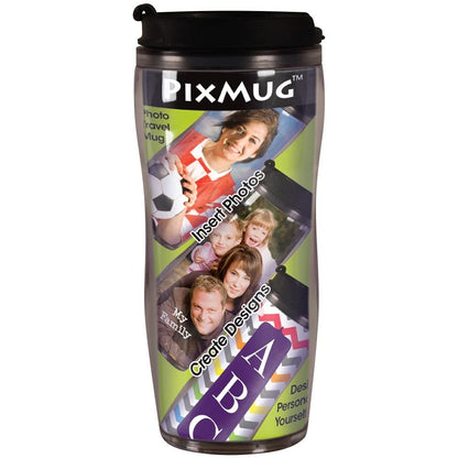 14 oz Photo Travel Mug with Flip Top - PixMug - The Mug That's a Picture Frame - DIY - Insert Your Own Photos or Create and Print Inserts Online – 1 Pack
