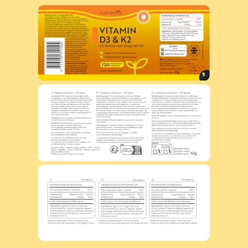Vitamin D3 3000iu & K2 100ug (MK7) – 120 Vitamin D3 K2 Vegetarian Capsules – Supports Normal Bones, Muscles, Teeth and Immune System – Cholecalciferol & Menaquinone-7 – Made by Nutravita