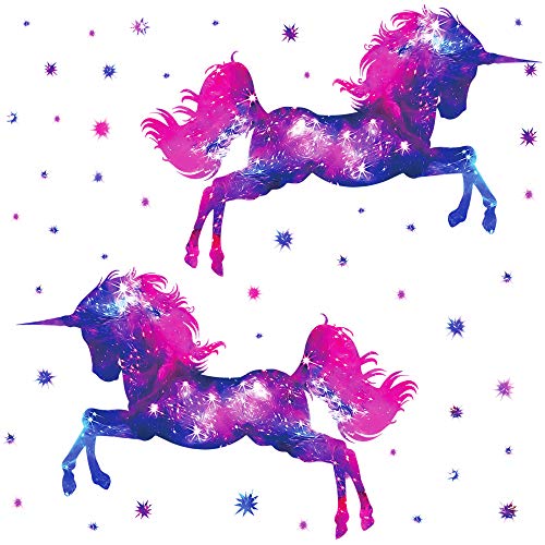 RW-D80 Dream Galaxy Purple Unicorn Wall Decals Removable Unicorn Wall Stickers with Glowing Stars Peel and Sticks Wall Art Decor for Kids Boys Girls Bedroom Nursery Bedroom Party Home Decoration