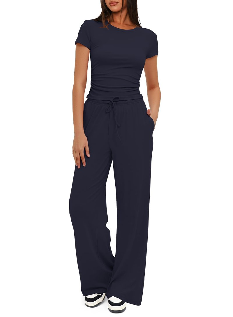 Darong Women's 2 Piece Outfits Short Sleeve Lounge Sets 9042A Dark Blue M