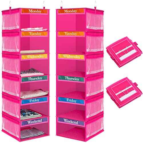 Amylove 2 Pack 6 Shelf Weekly Clothes Organizer for Kids with Side Pocket, 47 Inch Days of The Week Clothes Organizer, Monday to Friday Daily School Outfits Clothing Divider for Kids(Rose Red)