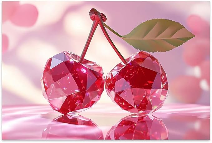 Yesad Cherries Art Print, Kitchen Wall Art Pictures Poster Pink Wall Décor for Dorm Living Room Bedroom Cabin Kitchen Wall Décor Fruits Wall Art (Unframed,36”x24”, Cherry)