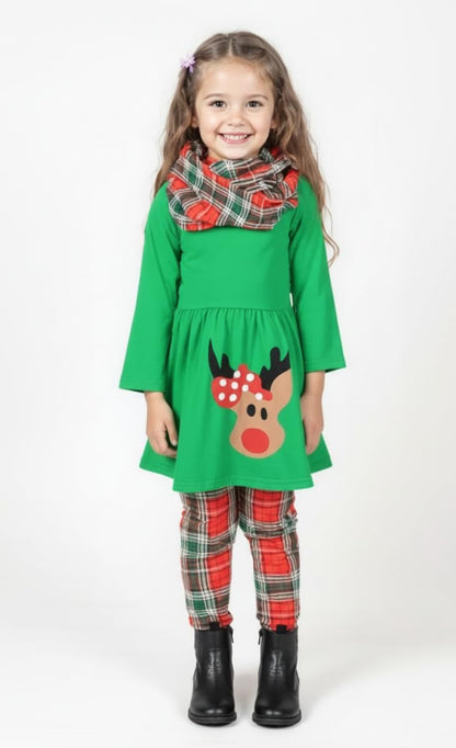 Unique Baby Girls 3 Piece Christmas Reindeer Legging Set Outfit (4 Years, Green)