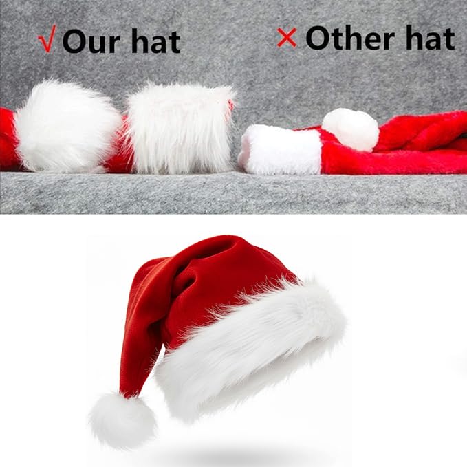 COOLJOY 6 Pack Plush Santa Hat, Traditional Red and White Plush Christmas Santa Hat for Christmas Party, Adult Size