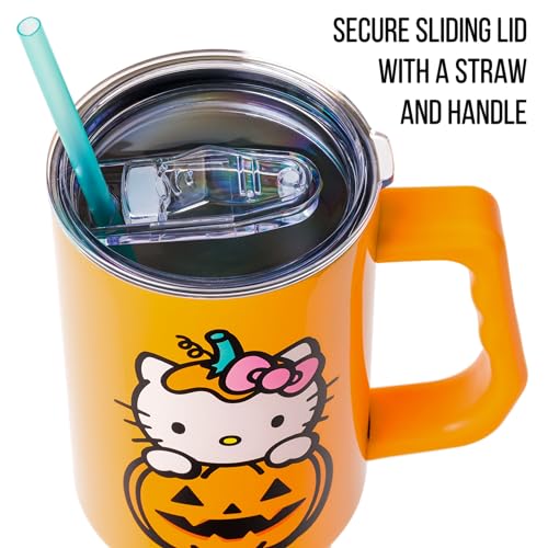 Silver Buffalo Sanrio Hello Kitty Halloween Jack-O-Lantern Stainless Steel Tumbler with Handle and Straw, Fits in Standard Cup Holder, 40 Ounces