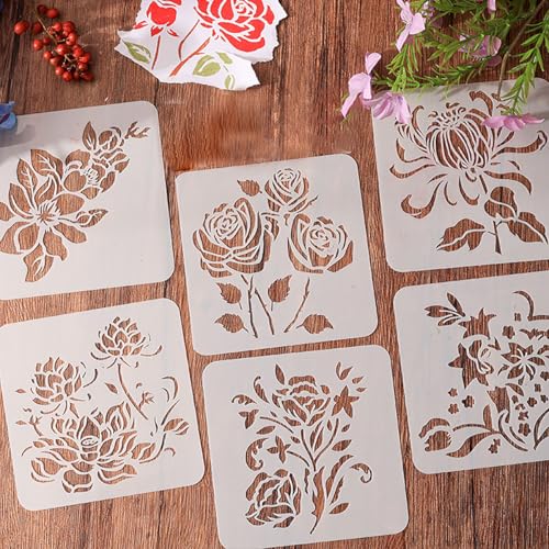 12PCS Flower Stencils, Rose Lotus and Tulip Pattern Wall Stencils for Painting, Floral Stencils for Crafts Reusable Drawing Aids
