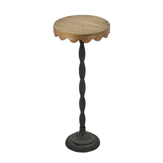 Jenvor Round Side Table with Scalloped Brown Wooden Top, Black Iron Pedestal Base, Iron Fir Wood MDF, 11.9 x 11.9 x 29.5 in, End Table, Display Pedestal, Plant Stand in Living Room