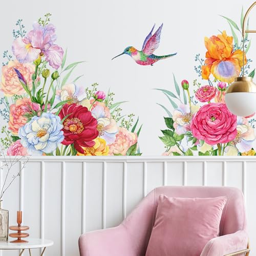 Large Removable Flowers Wall Stickers Colorful Peonies Wall Decals Peel and Stick Floral Plants Birds Wall Art Murals for Bedroom Living Room Sofa Background Decor