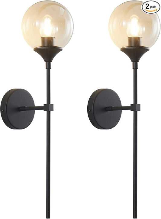 KCO Lighting Mid Century Modern 1-Light Wall Sconce Lighting Set of Two Matte Black Globe Vanity Wall Light Fixture Set of 2 Amber Glass Bathroom Wall Lamp Industrial Long Pole Wall Sconce