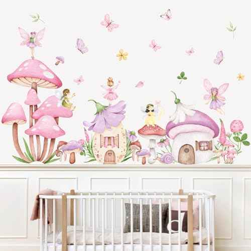 9 Sheet Fairy Mushroom Wall Decal Woodland Pink Mushroom Spring Floral Mural Sticker Peel and Stick Forest Nursery Wallpaper Decal for Bedroom Living Room Playroom Decor