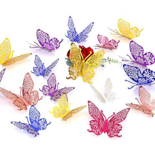 3D Butterfly Wall Decor, 72 Pieces, 6 Colors 3 Sizes, Gold Silver Blue Purple Pink Rose Gold, Party Wedding Room Decorations