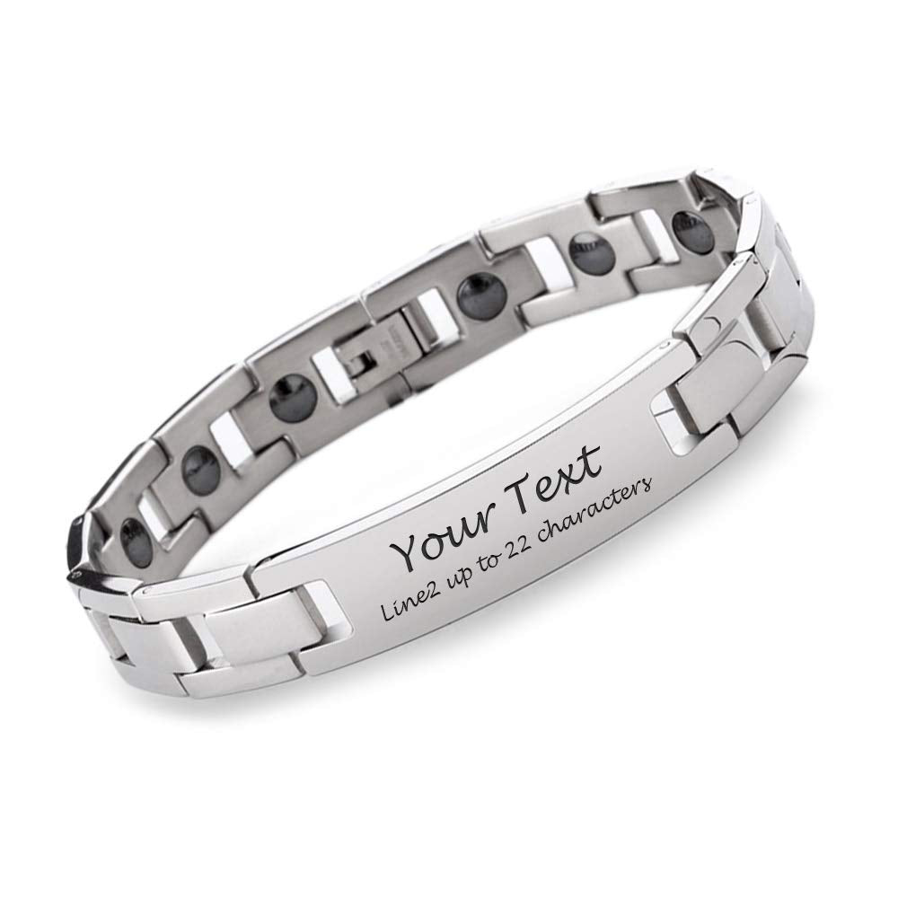 howson london Personalised Men's Magnetic Bracelet Name Engraved Bracelet with Gift Box Titanium Steel Magnet Wristband for Daddy Gifts for Christmas (Silver)