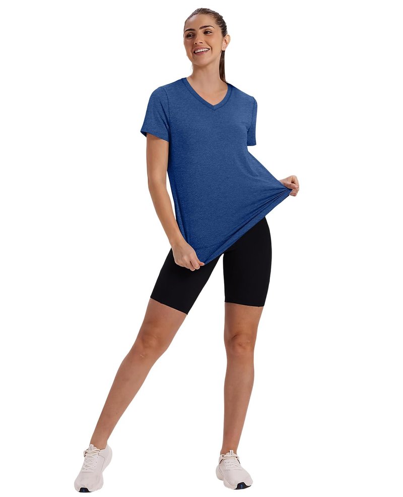 Summer Tops for Women 2026 Short Sleeve Workout Clothes Athletic Shirts Pilates Outfits Camisetas Deportivas para Mujer V Neck Blue L