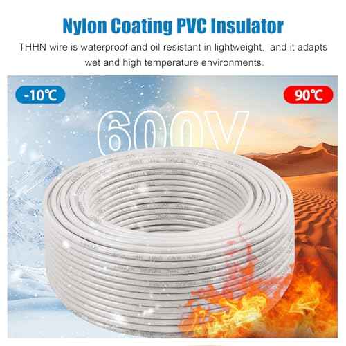 THHN Wire 6 Gauge 25 FT Stranded Copper Wire, 6 AWG Copper Wire Rated up to 600V Building Wire Nylon Jacket for Residential, CNC, Ground, Industrial (6 Gauge, White)
