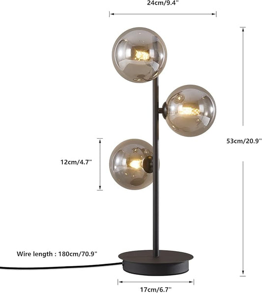 Mid Century Modern Table Lamp, Black 3 Light Reading Lamp with Smoky Grey Glass Shade, Bedside Lamp for Bedroom Living Room Study Room