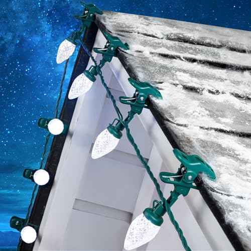C9 LED Christmas Lights Outdoor with 50 Spring Clips, 50ft 50 LED Waterproof Strawberry String Lights, Commercial Grade Extendable Perfect for Roofline Patio House Xmas Decor, Pure White