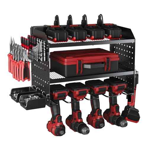 Power Tool Charging Station, Garage 4 Drill Power Tool Wall Organizer, Metal Hand Tool Storage Rack, Utility Racks, Cordless Drill and Battery Holder for Garage Organization, Gifts for Men Dad Husband